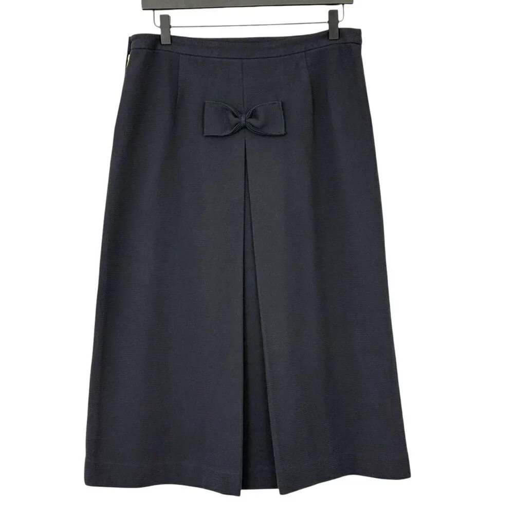 Tory Burch NWT Dagne Skirt Navy Blue Stretch Cotton Knit Midi Bow $328 Size M